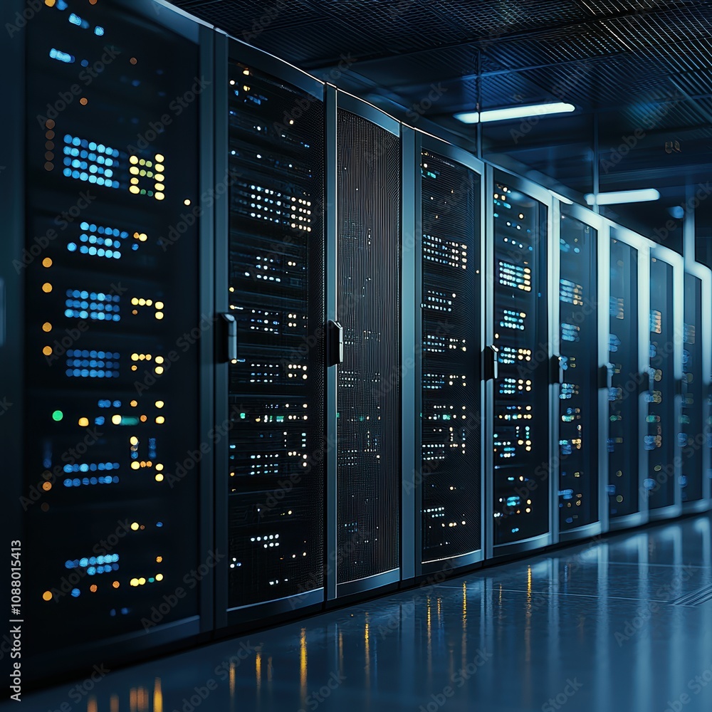 Poster modern data center interior with rows of server racks illuminated by blue and yellow led lights in a