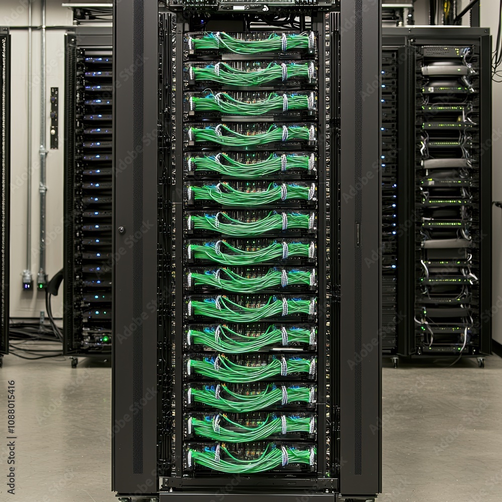 Poster modern data center interior featuring rows of server racks with green and blue fiber optic cables fo