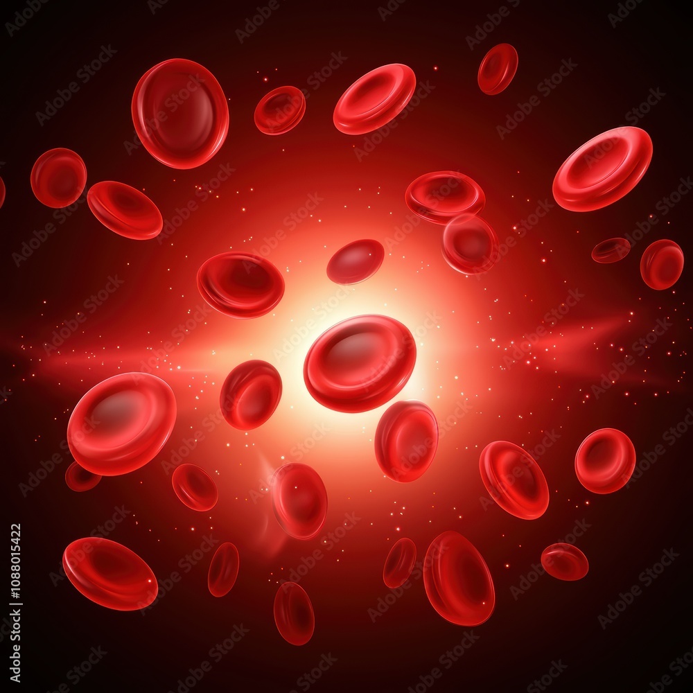 Poster abstract visualization of red blood cells floating in space with a glowing background and dynamic mo