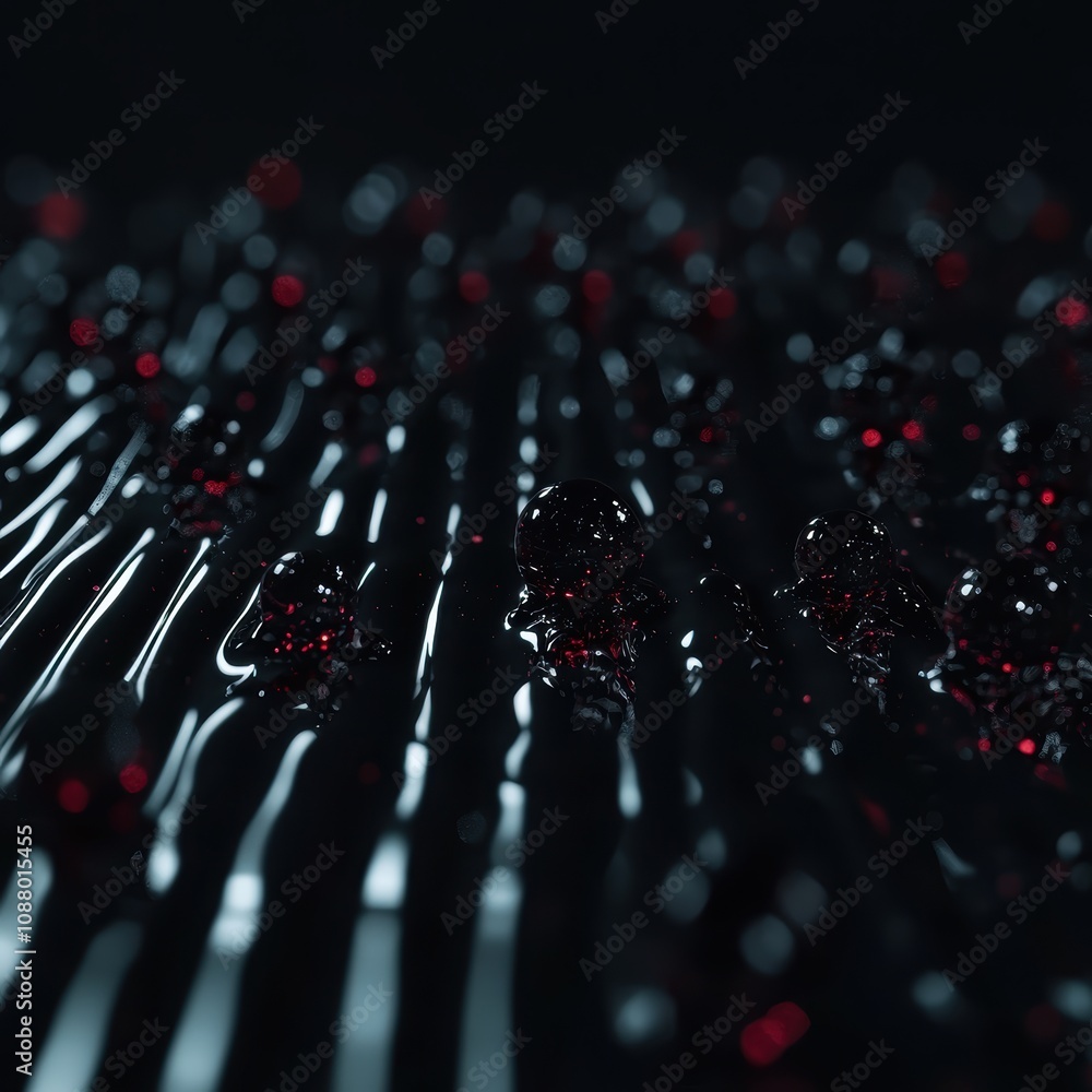 Poster abstract pattern of glossy red droplets on a dark surface reflecting light in a minimalist artistic 