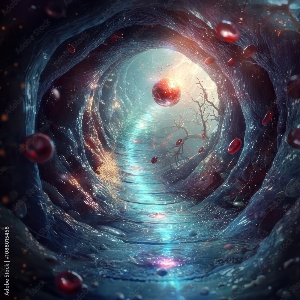 Poster surreal journey through an ethereal tunnel of light and floating orbs, capturing the essence of othe