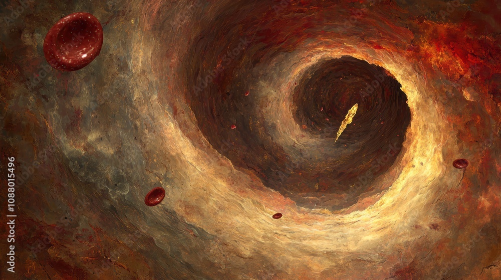 Poster abstract cosmic swirl depicting a vibrant spiral of color with fiery tones and floating objects illu
