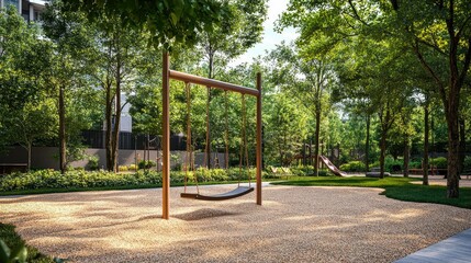 Tranquil Urban Playground Surrounded by Lush Green Trees and Soft Ground Cover, Perfect for Family Outings and Outdoor Activities in a Modern Setting