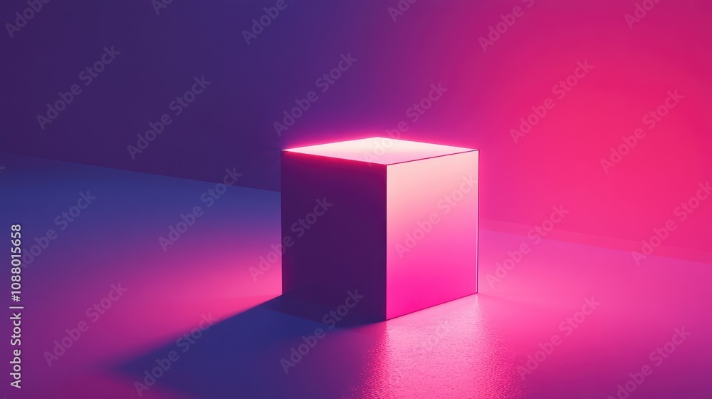 Poster abstract glowing cube in vibrant pink and purple gradient, emphasizing modern design aesthetics and 