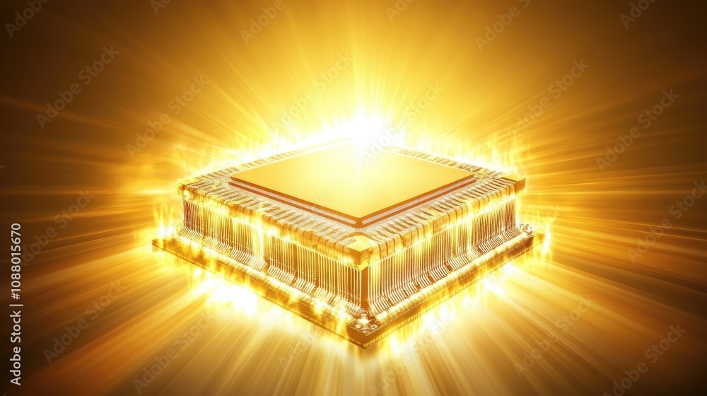 Poster bright and glowing microchip radiating energy against a yellow background, symbolizing innovation an