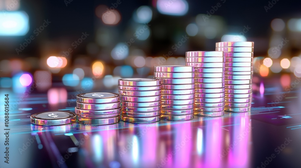 Poster stacked coins with digital background in vibrant colors illustrating financial growth and investment