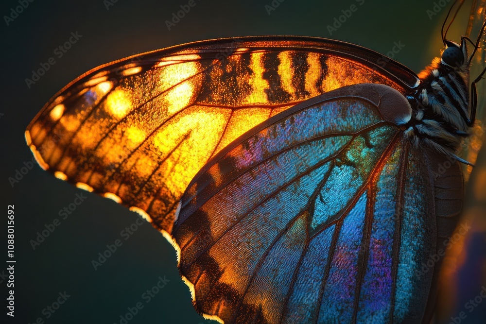 Poster a close-up of a butterfly's wing with intricate patterns and vibrant colors. the wing is illuminated
