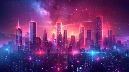 Obraz premium Neon Cityscape Under a Starry Night