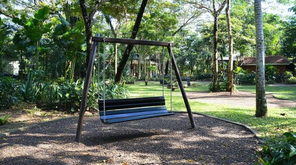 Peaceful Outdoor Swing Set in Lush Green Park Surrounded by Trees and Nature, Inviting Relaxation and Playfulness for All Age Groups
