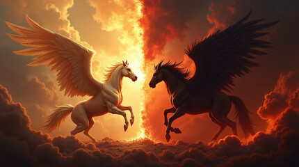 Against wallpaper, heaven and hell, good versus evil, background of light and darkness, for a competition match 
