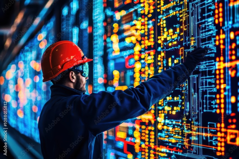 Poster professional technician in hard hat interacts with futuristic digital interface showcasing data visu