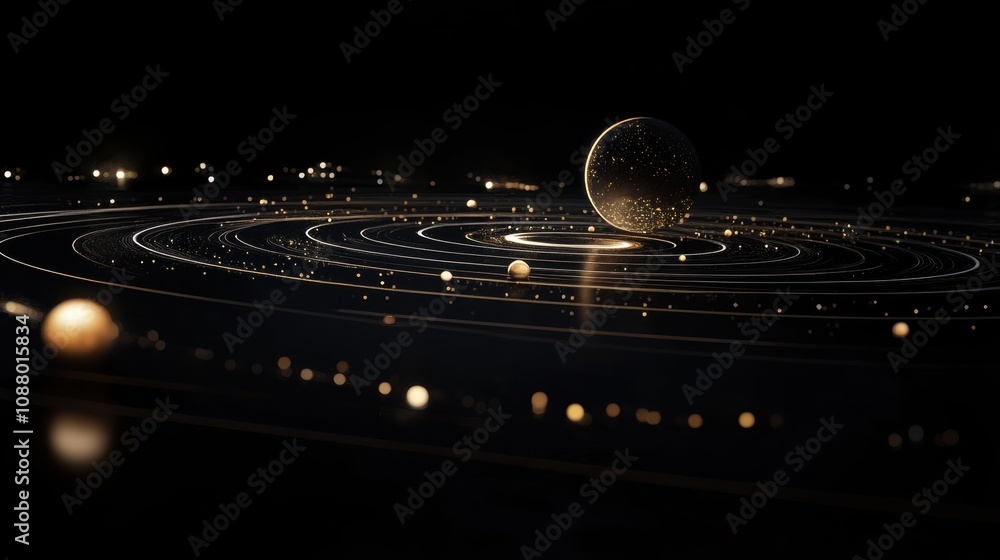 Poster stunning visualization of a cosmic solar system with orbiting planets and glowing stars against a da