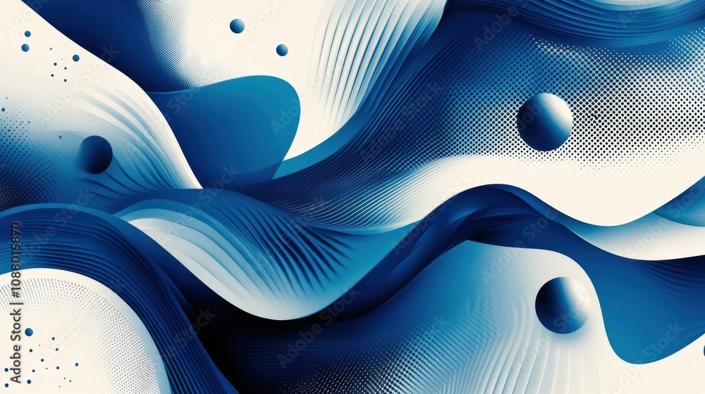 Poster abstract blue wave pattern with smooth curves and floating spheres for modern design and creative pr