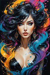Expressive illustration of a striking female figure with bold makeup and colorful flowing hair, ideal for advertising, fashion, and artistic inspirations.