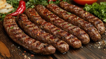 Grilled Sausages on Wooden Table with Fresh Herbs and Chili Peppers, Perfect for Barbecue Parties and Summer Gatherings with Flavorful Seasoning