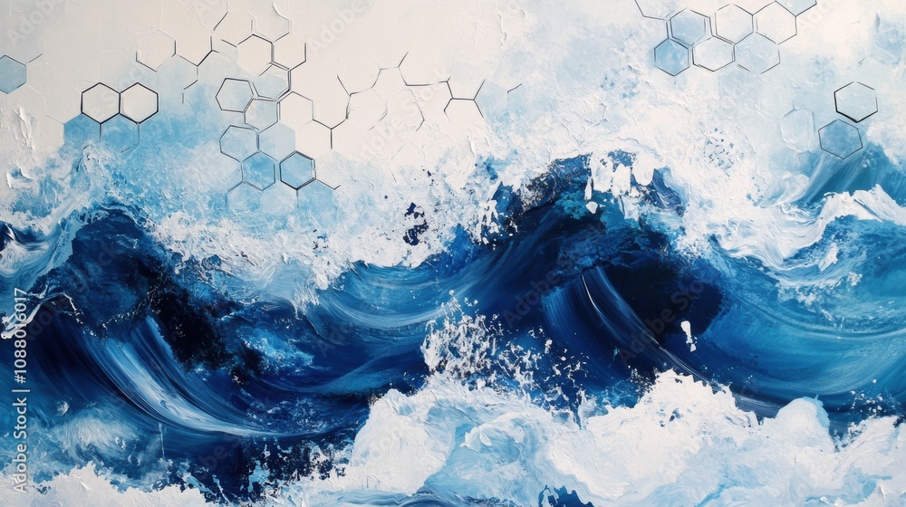 Poster abstract ocean waves with blue tones and hexagonal shapes evoking science and nature in a modern art
