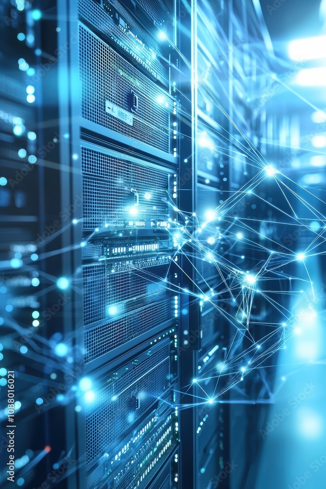 Poster futuristic data center with glowing connections and high-tech servers for digital innovation and clo