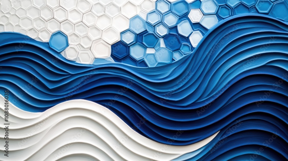 Poster vibrant abstract wave design featuring hexagonal and curved patterns in blue tones, ideal for backgr