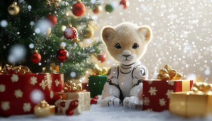 A shiny robotic lion cub sitting beside a Christmas tree, surrounded by gifts and soft snowflakes falling,