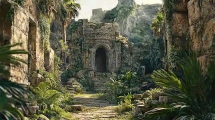 Naklejka premium Enigmatic Overgrown Ruins Surrounded by Lush Greenery Inviting Exploration and Adventure in an Uncharted Landscape