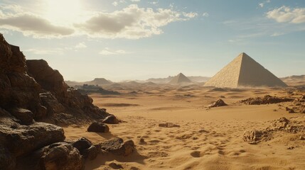 Majestic Pyramid in Desert Landscape Under Bright Sky with Clouds, Highlighting Ancient Architecture and Natural Beauty of Egyptian Scenery