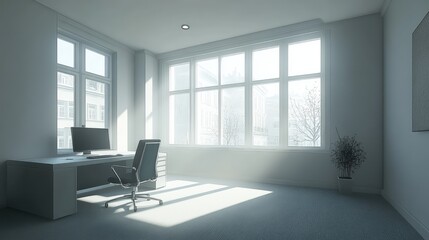Fototapeta premium Modern minimalist office interior design with large windows, natural light illuminating workspace, simple furniture, and clean lines creating a serene environment for productivity