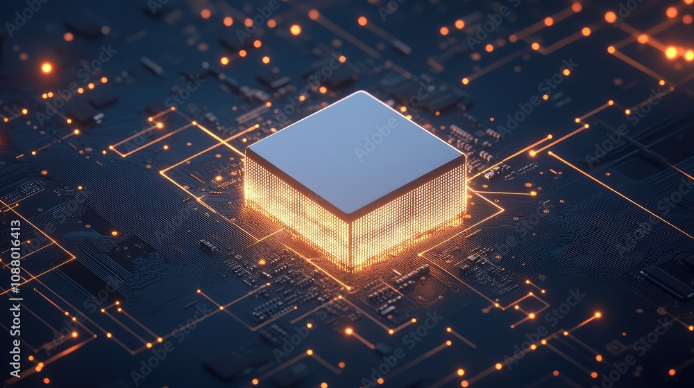 Poster futuristic digital microchip glowing with orange lights surrounded by a complex circuit board patter