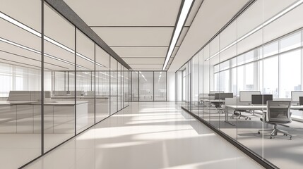 Naklejka premium Modern Office Interior with Glass Walls and Minimalistic Design Featuring Bright Natural Light and Open Workspaces for Creative Collaboration
