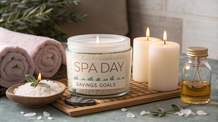Spa Day Savings Tracker A serene image of spa products and candles next to a jar labeled Spa Day with savings goals listed.