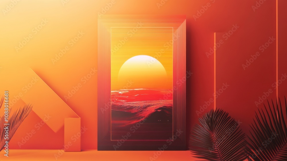 Poster vibrant sunset through mirror frame in abstract setting with dramatic color palette and geometric el