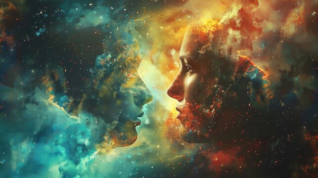 Abstract art of two people's faces connected by a cosmic background.  The two are looking at each other, creating a sense of mystery and connection. Concept of love, duality, and the universe.