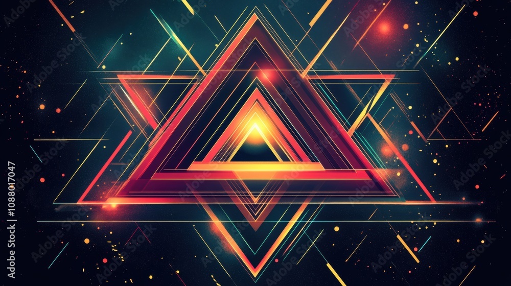 Poster vibrant geometric abstract design featuring triangular shapes and radiant colors on a dark backgroun