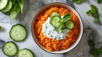 Delicate Bowl of Vibrant Orange Carrot Rice Topped with Creamy Yogurt and Fresh Cucumber Slices Surrounded by Mint Leaves on Marble Surface