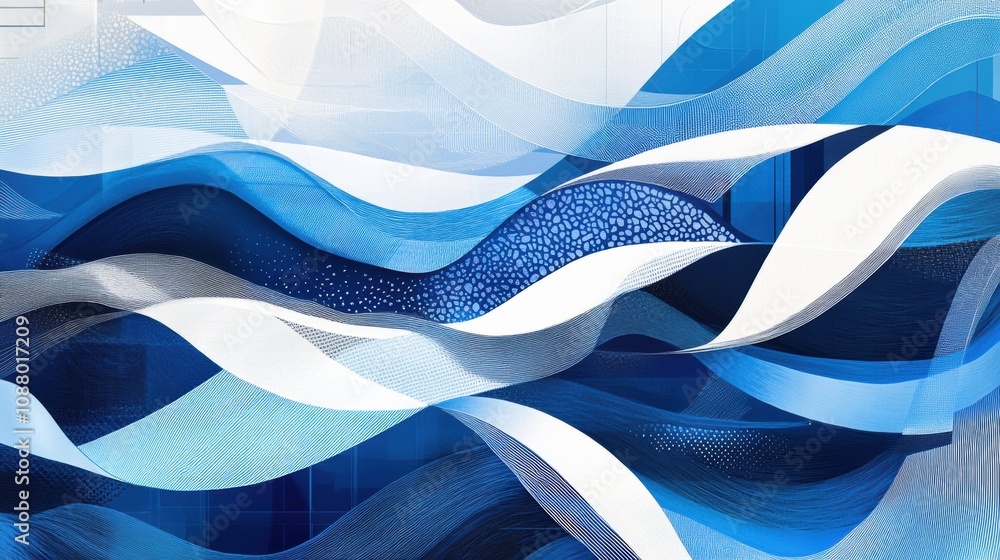 Poster abstract waves of blue and white in flowing patterns representing fluidity and movement in modern ar