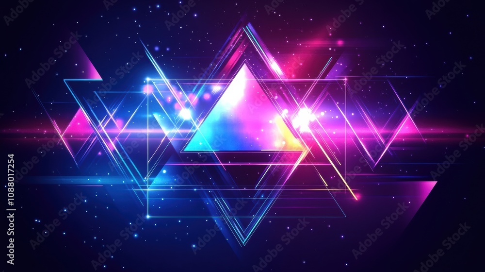 Poster vibrant geometric shapes in dynamic neon colors with sparkling lights and cosmic background for mode