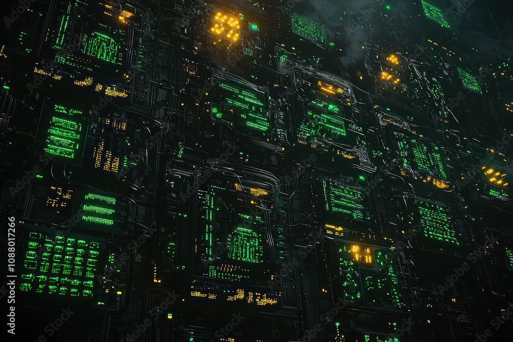 Poster futuristic digital circuit board with green and yellow lights illuminating complex patterns and text