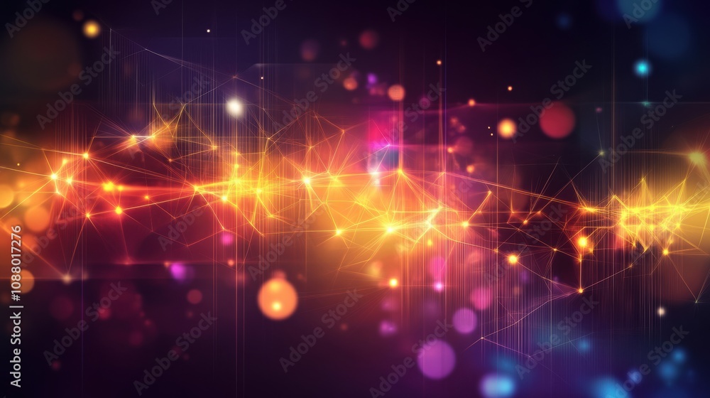 Poster abstract background of colorful bokeh lights with glowing particles and geometric lines creating a f