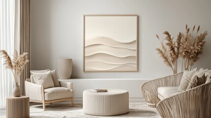 Modern Minimalist Living Room with Elegant Neutral Tones and Textured D&eacute;cor Featuring Waves Artwork and Natural Elements for Tranquil Atmosphere