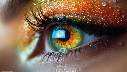 "A close-up of an eye with colorful paint on it, a beautiful":