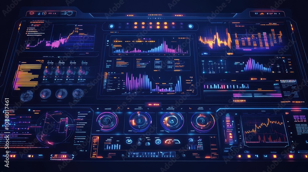Poster futuristic digital dashboard displaying vibrant data visualizations, charts, graphs, and analytics f