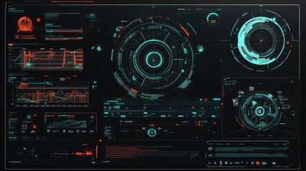 Fototapeta premium Futuristic Data Visualization Interface with Interactive Graphs, Analytical Displays, and Digital Readouts in a High-Tech Design for Advanced Technology Concepts