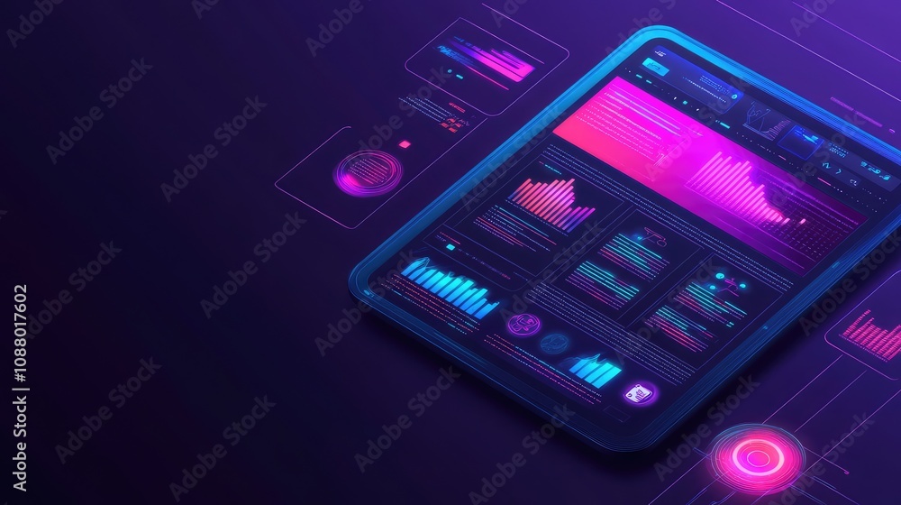 Poster futuristic tablet displaying data visualizations in neon colors against a dark background ideal for 