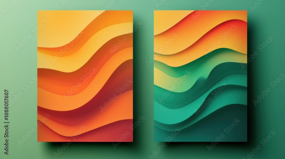 Poster vibrant abstract waves in orange and green tones create a beautiful modern art design for background