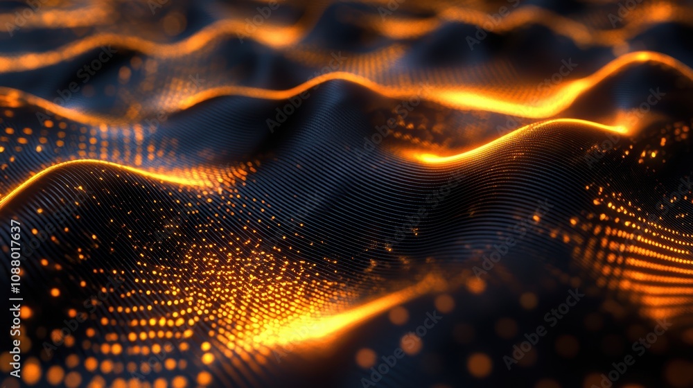 Poster abstract digital waves with glowing orange particles and textured background for high-tech, futurist
