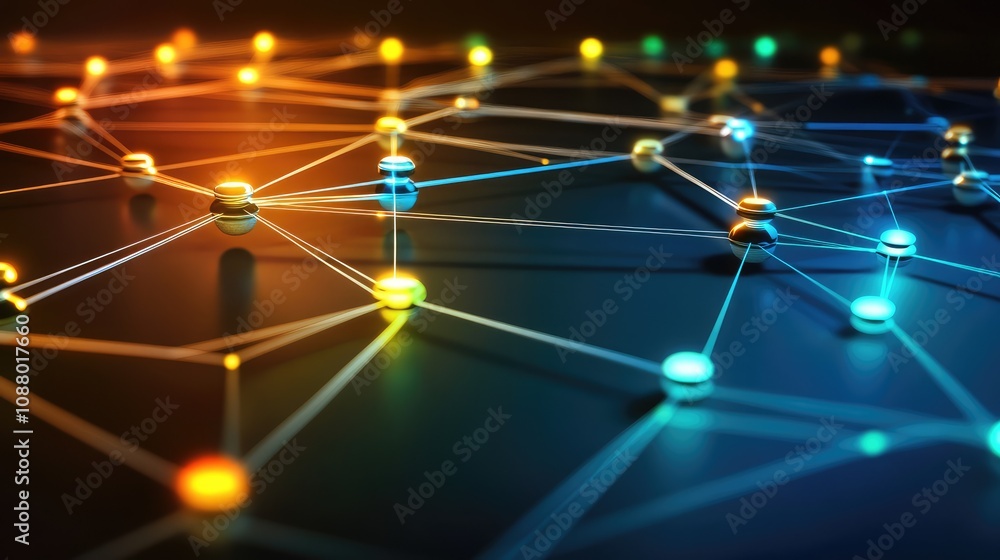 Poster abstract representation of interconnected nodes and lines, showcasing a vibrant network design with 