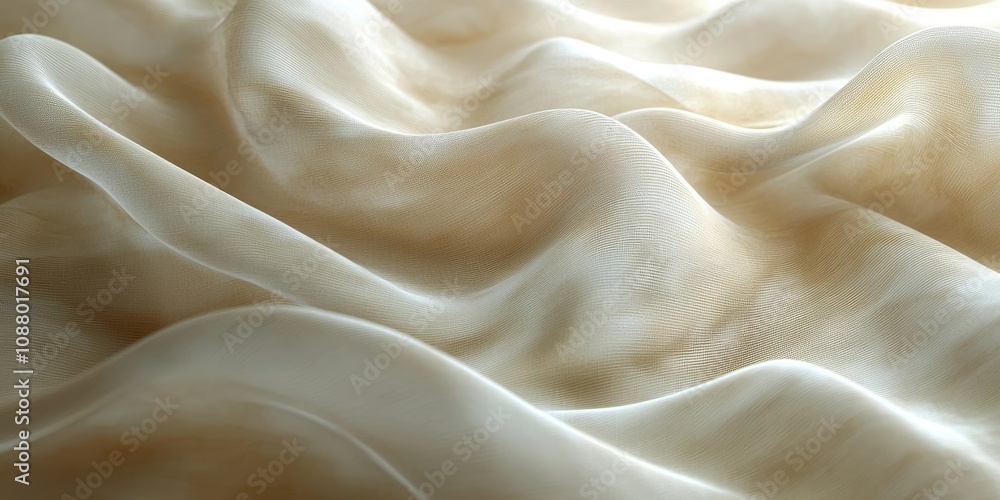 Poster soft silky fabric draped elegantly in warm beige tones with gentle waves creating an abstract flow o