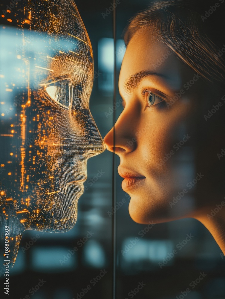 Fototapete a person stands before a digital mirror, their reflection showing a robot, highlighting the future o