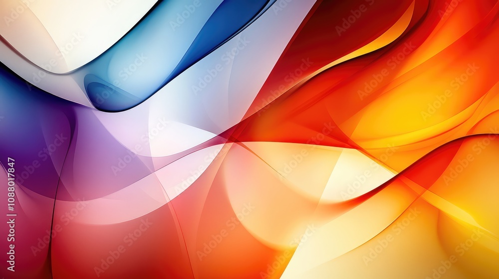 Poster vibrant abstract swirls of red, blue, and yellow light playing across a soft background in artistic 