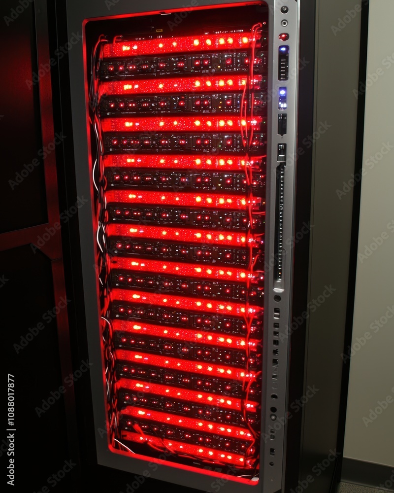 Poster high-tech server rack with glowing red lights showcasing advanced technology and efficient data proc