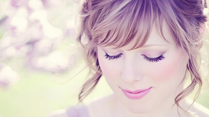 Naklejka premium Elegant young woman with soft makeup and graceful hairstyle enjoying a serene moment outdoors surrounded by beautiful blooming flowers in springtime garden atmosphere